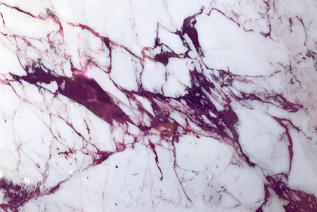 Sicis “Electric Marble” with fuschia veining. A thin-profile Vetrite glass material that looks like perfect, yet impossible marble.