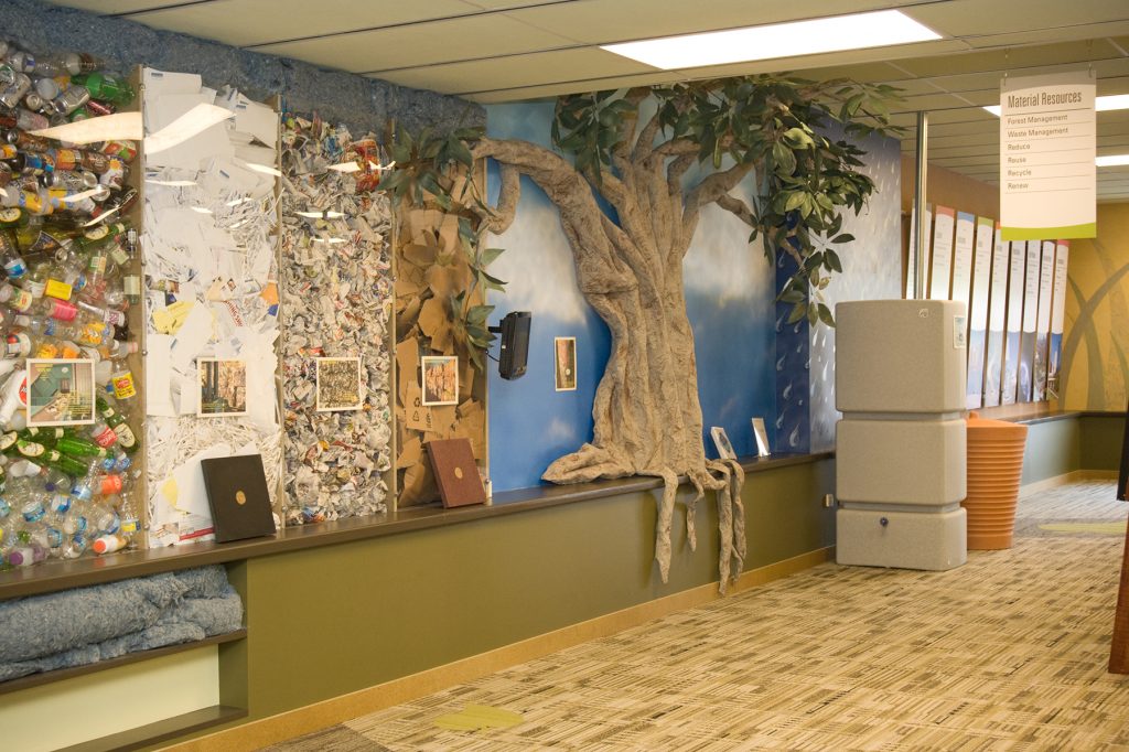 A wall at the former Fresco Green building - showing plastics, paper and coconut husks, all used to create various interior materials.