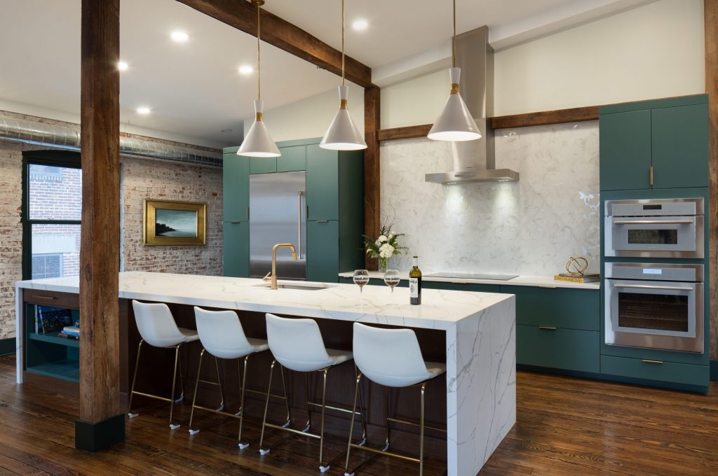 Luxurious kitchen with two glasses of wine