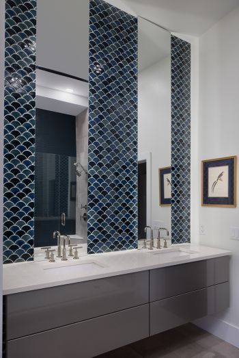modern industrial master bath - dual sinks, cyan blue and dark blue shell tile sink to ceiling between mirrors, grey floating vanity
