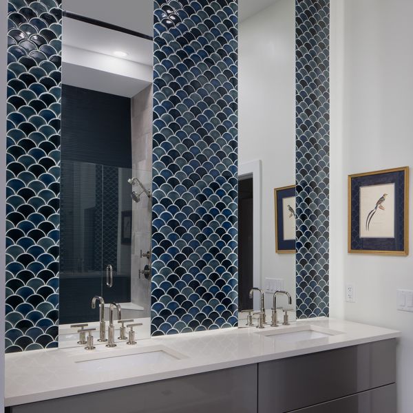 modern industrial master bath - dual sinks, cyan blue and dark blue shell tile sink to ceiling between mirrors, grey floating vanity