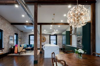 modern furniture and design in industrial warehouse penthouse, wide angle view of open floor plan living space